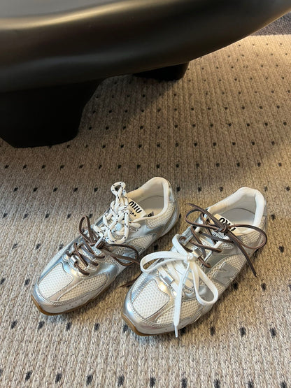 New Balance X Miu Miu 530 SL metallic leather and mesh Sneakers, Silver