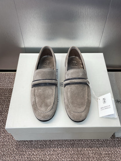 Brunello Cucinelli
Monili-embellished Suede Loafers, Grey