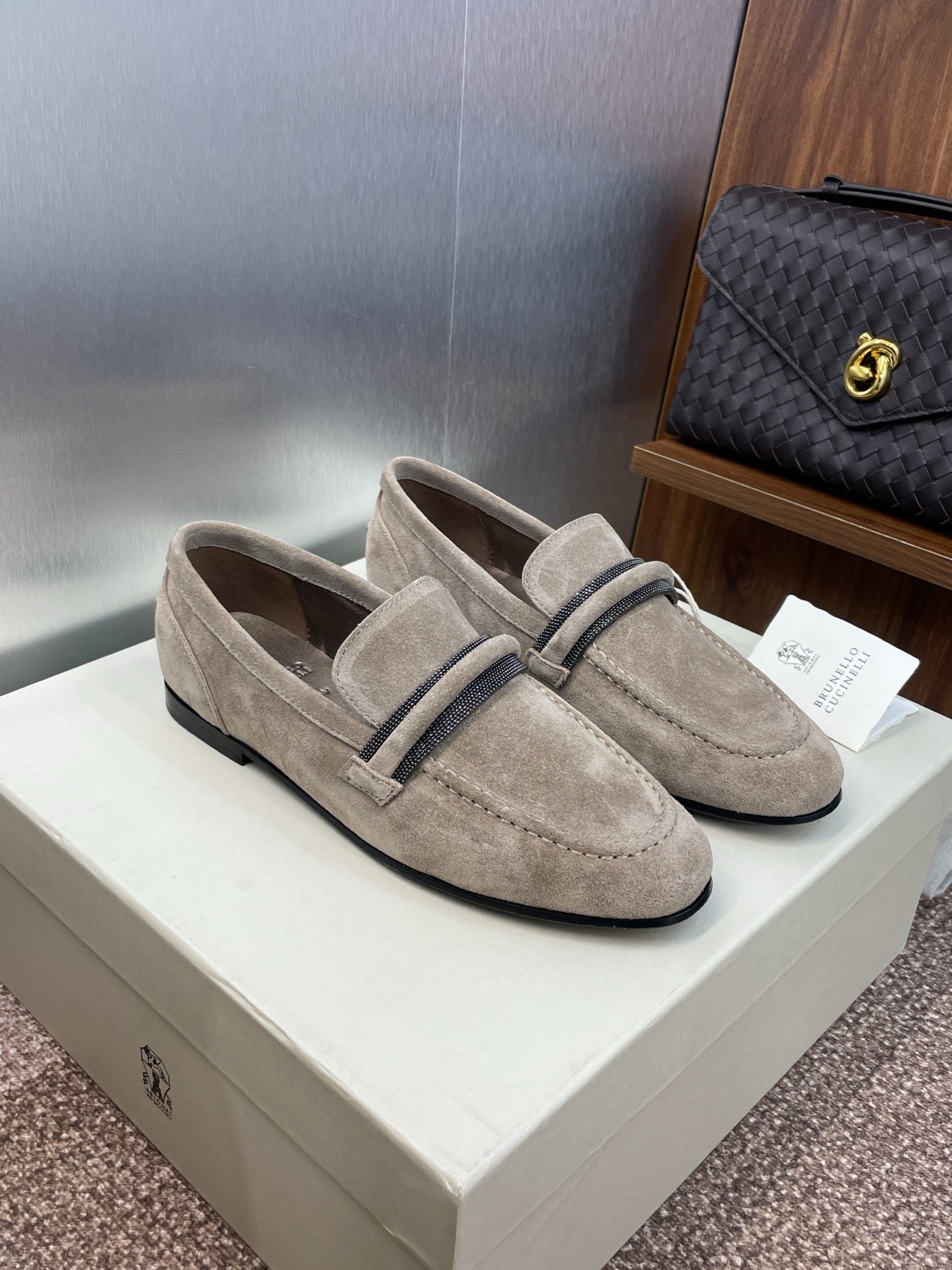 Brunello Cucinelli
Monili-embellished Suede Loafers, Grey