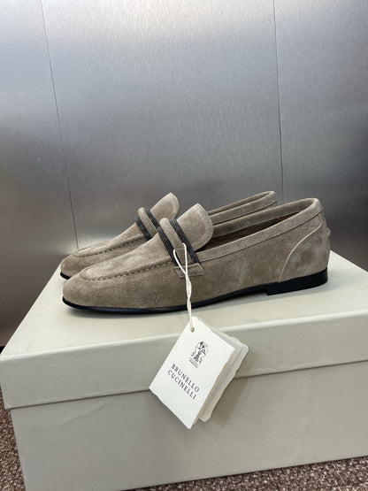 Brunello Cucinelli
Monili-embellished Suede Loafers, Grey