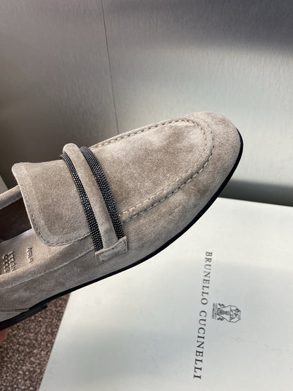 Brunello Cucinelli
Monili-embellished Suede Loafers, Grey