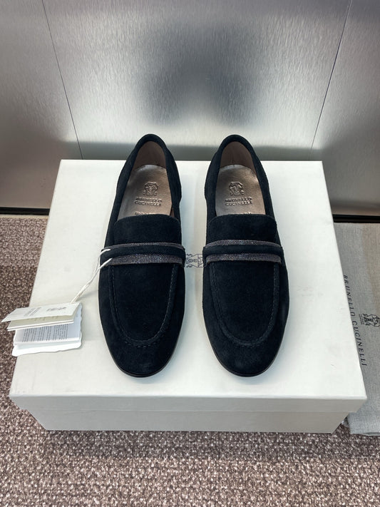 Brunello Cucinelli
Monili-embellished Suede Loafers, Black