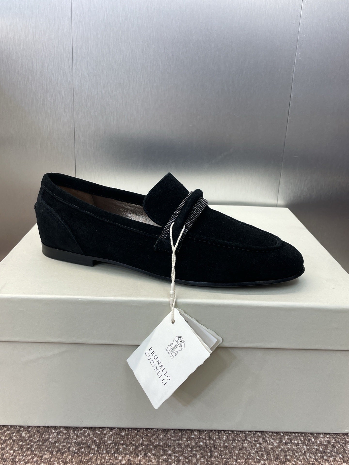 Brunello Cucinelli
Monili-embellished Suede Loafers, Black