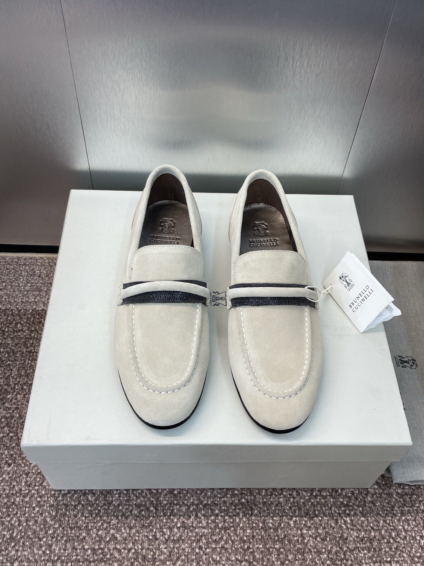 Brunello Cucinelli
Monili-embellished Suede Loafers, White