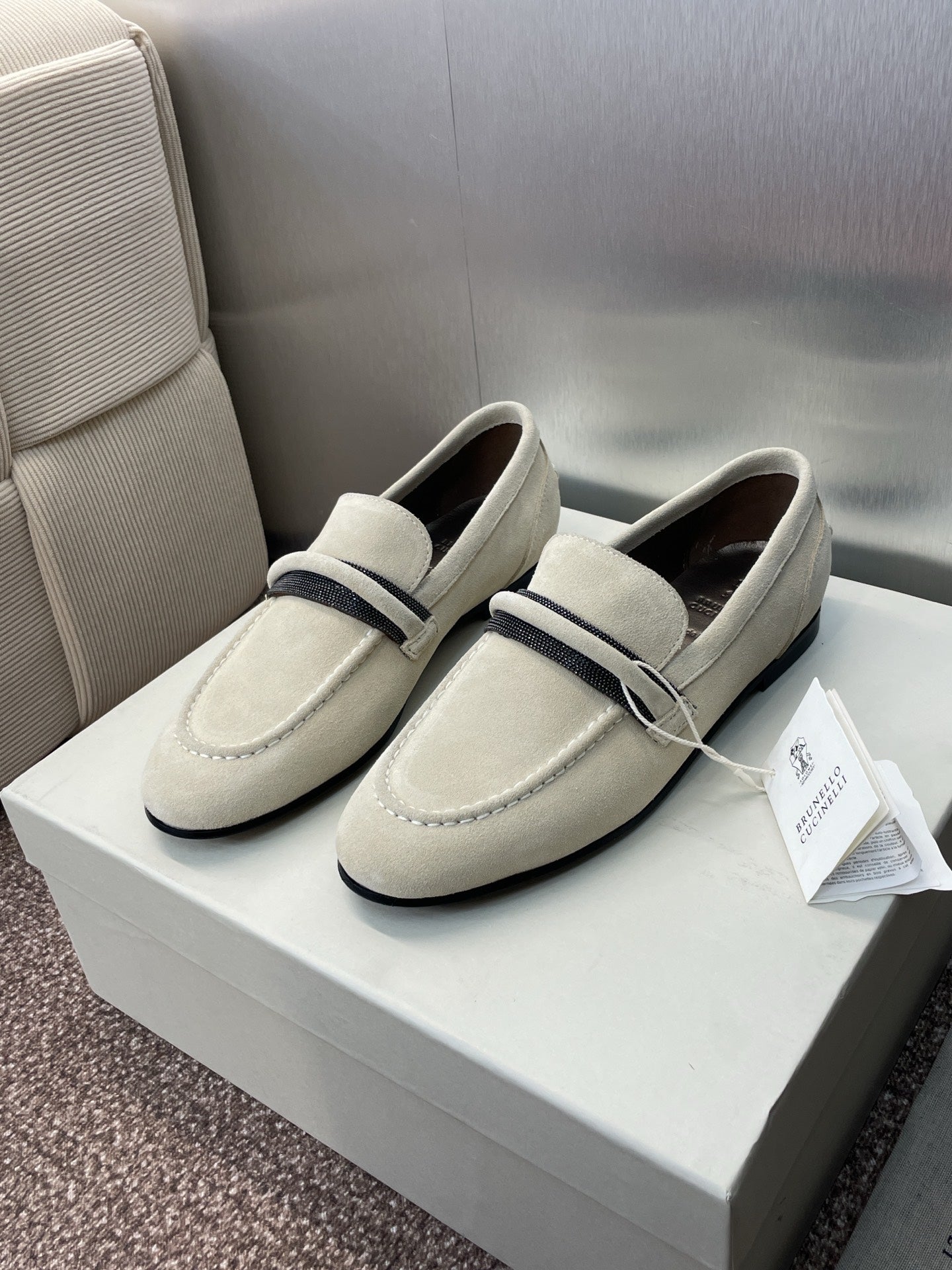 Brunello Cucinelli
Monili-embellished Suede Loafers, White