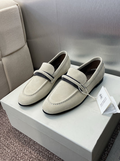 Brunello Cucinelli
Monili-embellished Suede Loafers, White