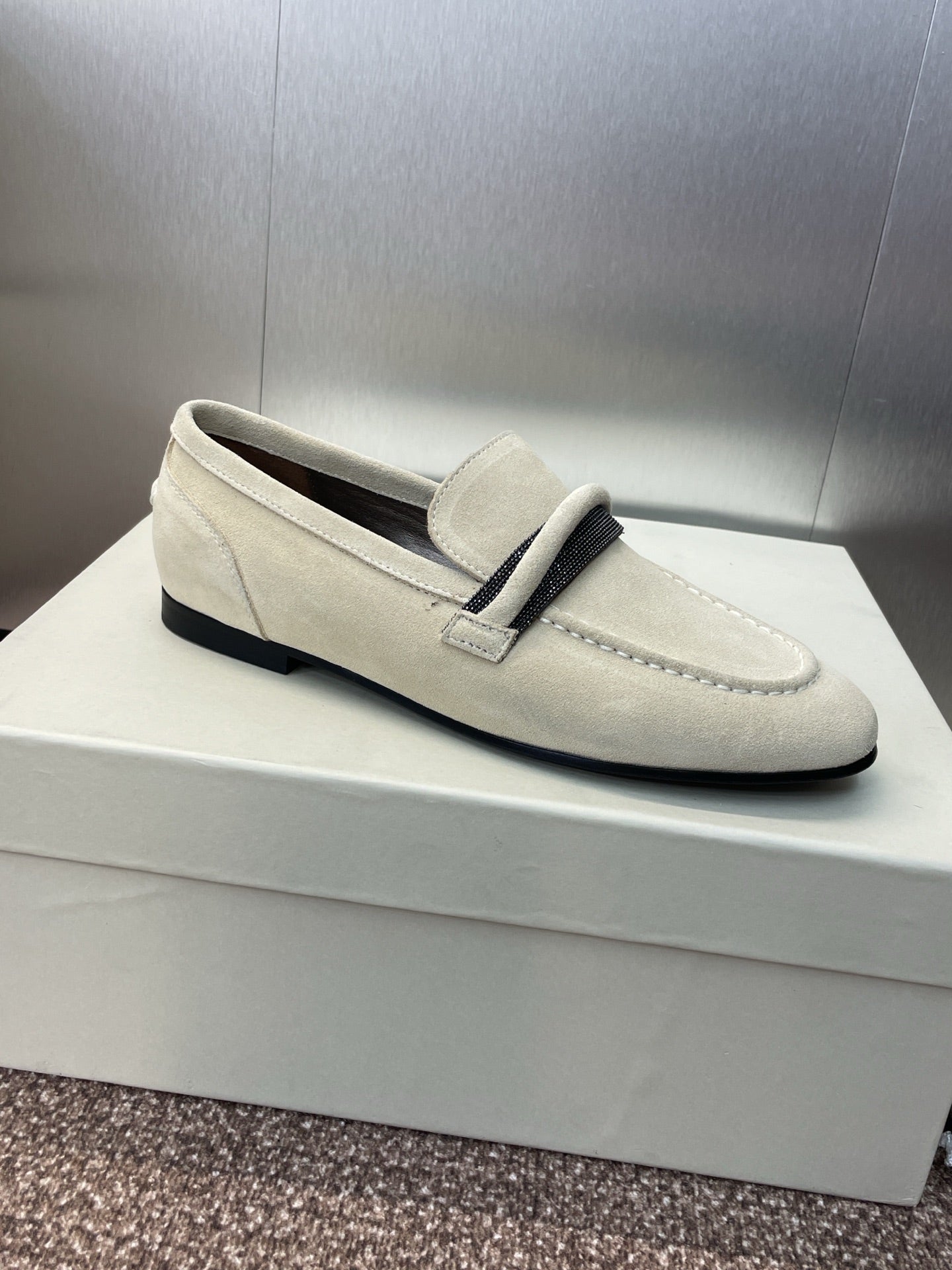 Brunello Cucinelli
Monili-embellished Suede Loafers, White