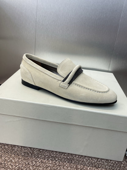 Brunello Cucinelli
Monili-embellished Suede Loafers, White