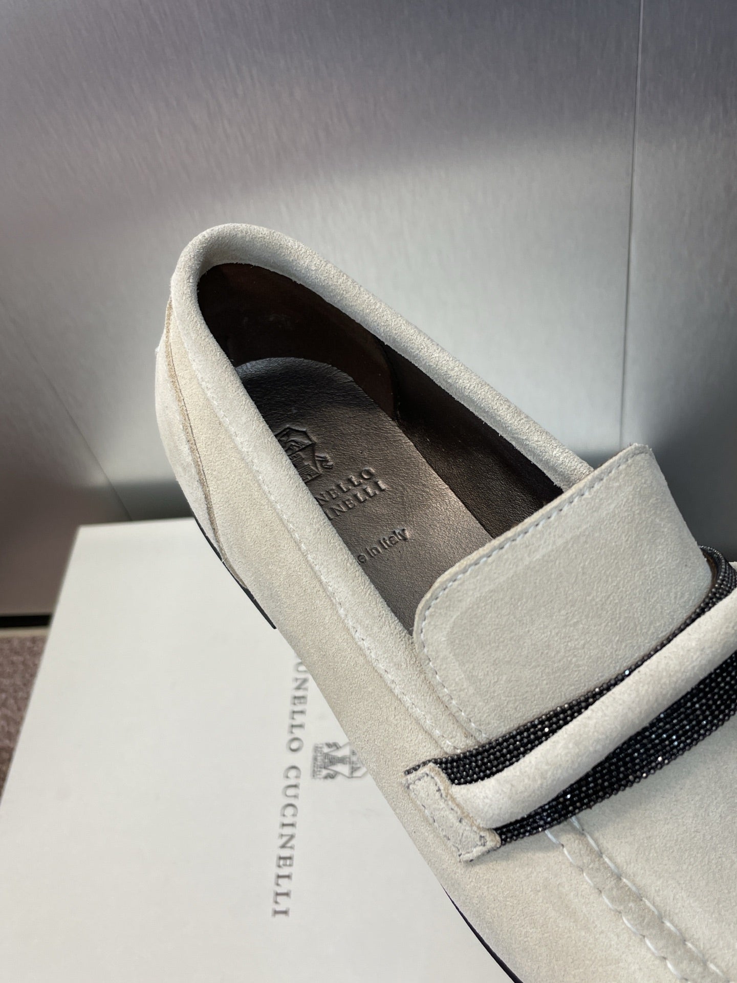 Brunello Cucinelli
Monili-embellished Suede Loafers, White