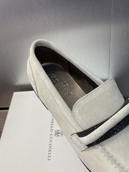 Brunello Cucinelli
Monili-embellished Suede Loafers, White