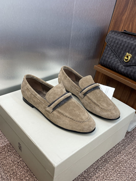 Brunello Cucinelli
Monili-embellished Suede Loafers, Dark Grey
