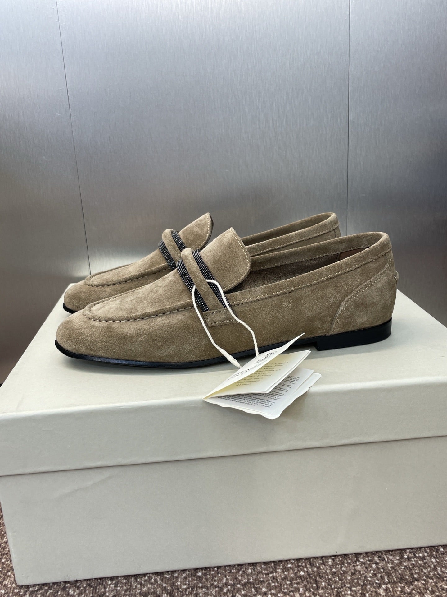 Brunello Cucinelli
Monili-embellished Suede Loafers, Dark Grey