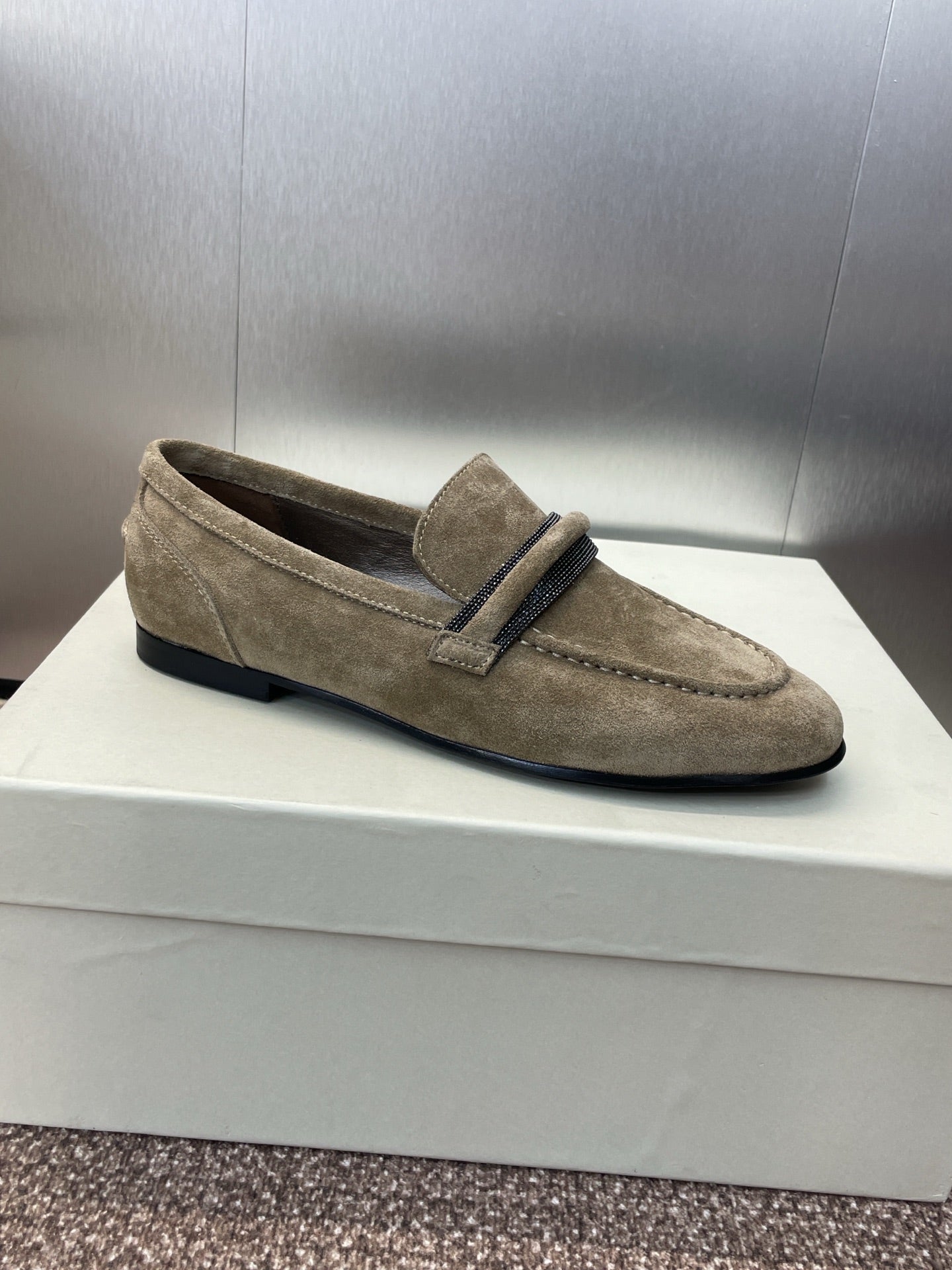 Brunello Cucinelli
Monili-embellished Suede Loafers, Dark Grey